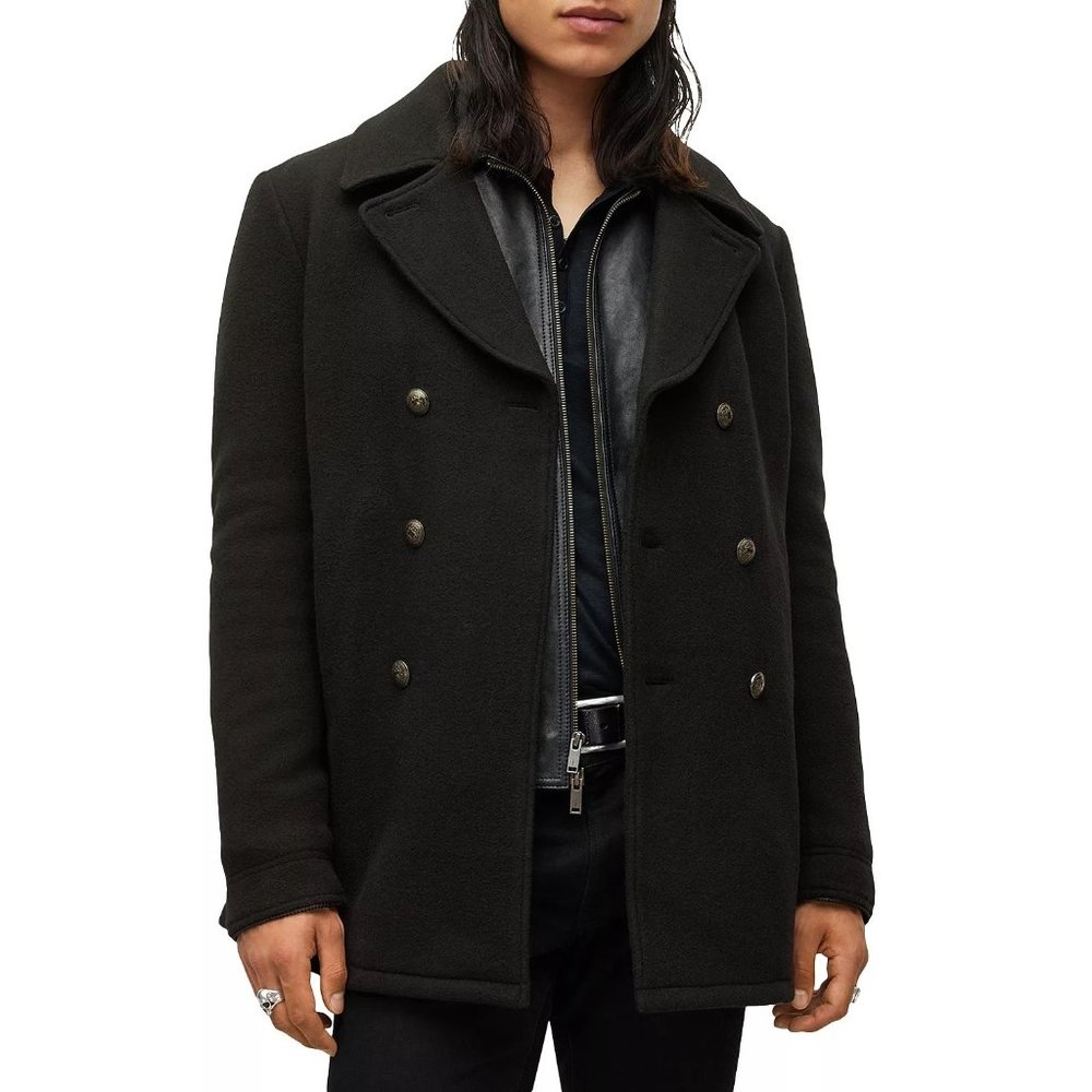 John Varvatos Carlos Wool Blend Double Breasted Pea Coat Mens Black NWT 698